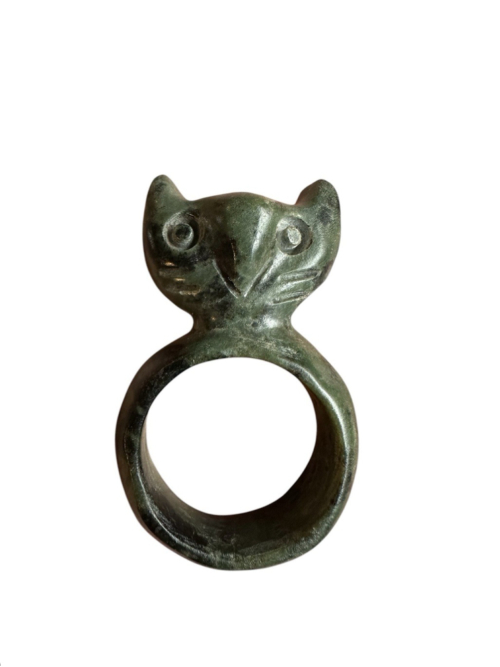 Vintage Jade Stone Carved 3D Cat Kitty Ring - Size 6.5